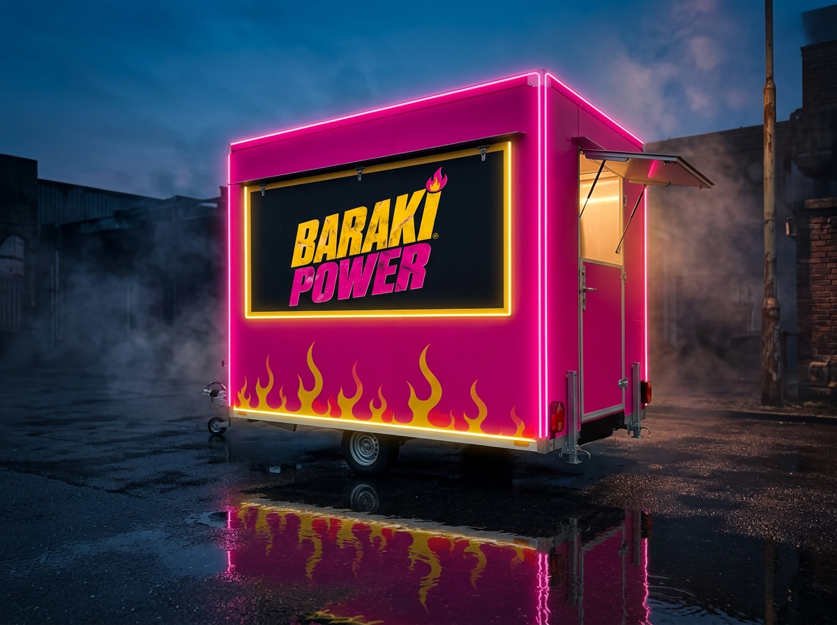 Food truck BARAKI POWER rose avec flammes et néons