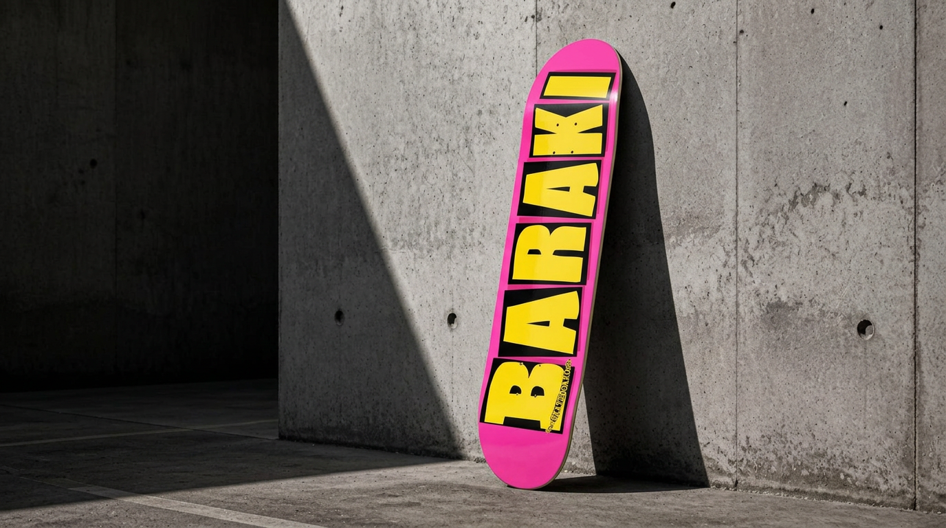 Planche de skate BARAKI rose et jaune adossée à un mur de béton